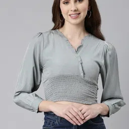 SHOWOFF Puff Sleeve Smocked Crop Top-image-10
