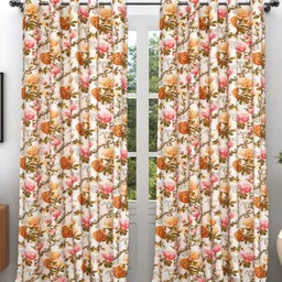 EasyGoods White & Yellow 2 Pieces Floral Printed Black Out Cotton Long Door Curtains-picture-23
