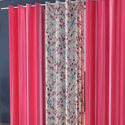 Shopgallery Off White & Pink 3 Pieces Floral Room Darkening Long Door Curtain-picture-33