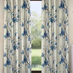 Fashion String Blue & Off White Set of 2 Floral Printed Door Curtain image 1