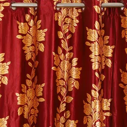 HANDICRAFT PALACE Maroon & Orange Set of 2 Floral Black Out Door Curtain image 3