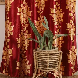 HANDICRAFT PALACE Maroon & Orange Set of 2 Floral Black Out Door Curtain image 4