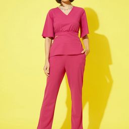 Athena Women Pink Solid V-Neck Top and Trousers-picture-11
