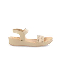 Metro Women Beige Open Toe Flats with Laser Cuts image 3