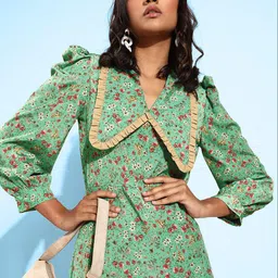 Athena Women Gorgeous Green Floral Above The Keyboard Collar Dress-image-78