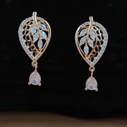 JYONA Rose Gold-Plated American Diamond & CZ Studded Leaf Shaped Drop Earrings-image-27