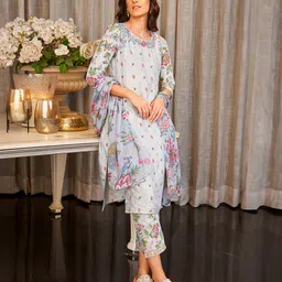 W Floral Printed Gotta Patti Straight Kurta With Trousers & Dupatta-picture-25