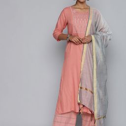 Vishudh Women Coral Pink & Grey Embroidered Kurta with Palazzos & Dupatta-picture-9