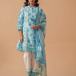 House of Pataudi Floral Printed Linen Kurta & Trousers With Dupatta-picture-6