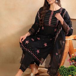 House of Pataudi Embroidered Straight Kurta & Trousers With Dupatta-picture-23