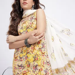 Anouk Floral Print V-Neck Pure Cotton Kurta & Trousers with Dupatta-picture-35