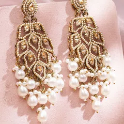 Rubans 18K Gold-Plated Kundan & Pearls Studded Contemporary Drop Earrings image 4