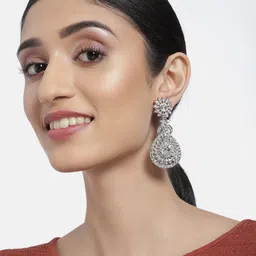 I Jewels White Silver-Plated Stone Studded Teardrop Shaped Drop Earrings-picture-36