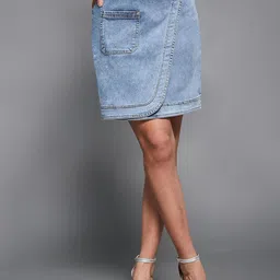 Miss Chase Above Knee Length Straight Stretchable Denim Skirt-image-1