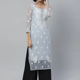 ADA Women Grey & White Chikankari Embroidered Straight Sustainable Handloom Kurta With Slip-picture-29
