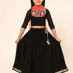 a.t.u.n. A T U N Girls Black & Orange Embroidered Ready to Wear Lehenga & Blouse With Dupatta-picture-48