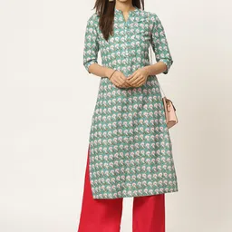 ZIZO By Namrata Bajaj Women Green & Off-White Pure Cotton Printed Straight Kurta image 5
