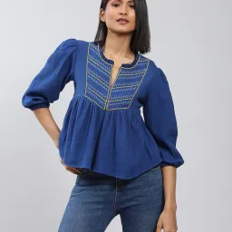 label ritu kumar Relaxed Fit Embroidered Top with Gathers image 1
