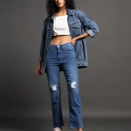 spykar Women Emma Mid-Wash Slim Straight Distressed Jeans image 1