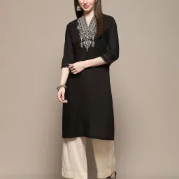 biba Women Embroidered V-Neck Straight Kurta image 1