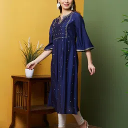 globus Women Embroidered A-Line Kurta image 1