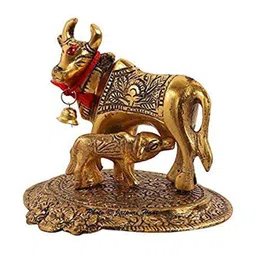 navyaksh Brass Kamdhenu Cow with Calf Idol Showpiece image 1
