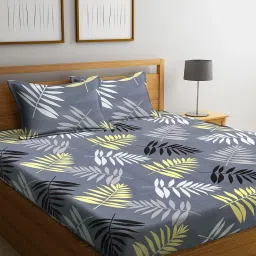 klotthe 210 TC Leaf Print Double Size Fitted Bedsheet with Pillow Covers image 1