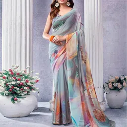 satrani Women Leaf Print Georgette Saree with Tassels image 1