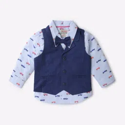 inf frendz Car Print Shirt with Waistcoat & Bow Set image 1