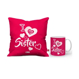 indigifts I Love My Dear Sis Quote Coffee Mug & Cushion Cover with Filler image 1