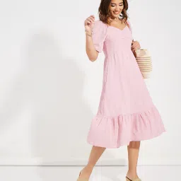 styli Checked A-Line Pleated Midi Dress with Puff Sleeves image 1