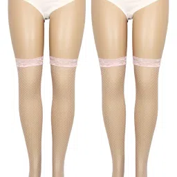 neska moda Women Pack of 2 Knee-High Fishernet Stockings with Lace Hem image 1