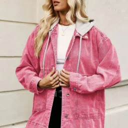 oh rare Women Washed Relaxed Fit Hooded Denim Jacket image 1