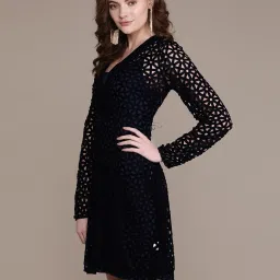 label ritu kumar V-Neck Full Sleeves Laser-Cut A-Line Dress with Camisole image 2