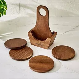 home centre Marion Set of 4 Acacia Wood Coasters with Holder image 2