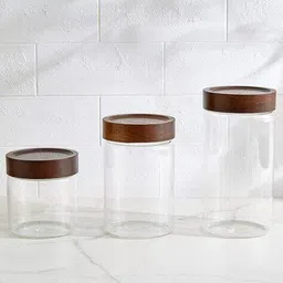home centre Set of 6 Glass Storage Canisters with Wooden Lid image 2