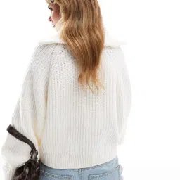 asos design High-Neck Funnel Half-Zip Jumper with Volume Sleeve image 2