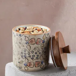fabindia Floral Print Ceramic Storage Jar with Lid image 2