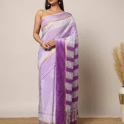 indie picks Handblock Bagru Print Assam Silk Saree with Attached Blouse Piece image 2