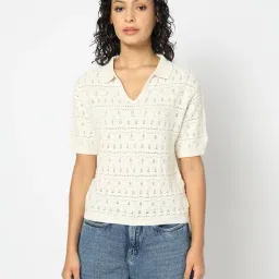 yousta Women Geometric-Knit Slim Fit Polo T-Shirt image 2