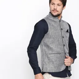 shatranj Heathered Nehru Jacket with Welt Pockets image 3