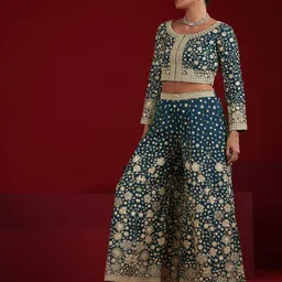 libas art Women Embroidered 3-Piece Top & Palazzos Set image 3