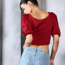 Shein Puff Sleeves Textured Front Tie-Up Crop Top with Zip image 3