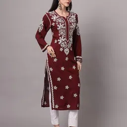 paramount chikan Women Embroidered Straight Kurta with Round Neck image 3