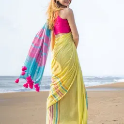indie picks Strip Print Linen Cotton Saree  image 3
