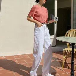 womenster Women Cable-Knit Relaxed Fit Crew-Neck T-Shirt image 3