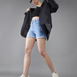 dolce crudo Women Denim Shorts with Fringed Detail image 4