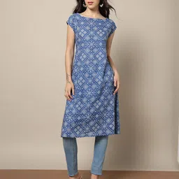 indie picks Handblock Print Cotton A-Line Kurta image 4