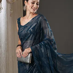 ri-wah Geometric Print Georgette Saree with Tassels image 4