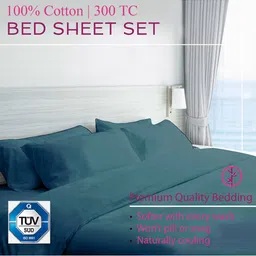 trance home linen 300 TC Pure Cotton Single Fitted Bedsheet with Pillow Cover - Teal image 4